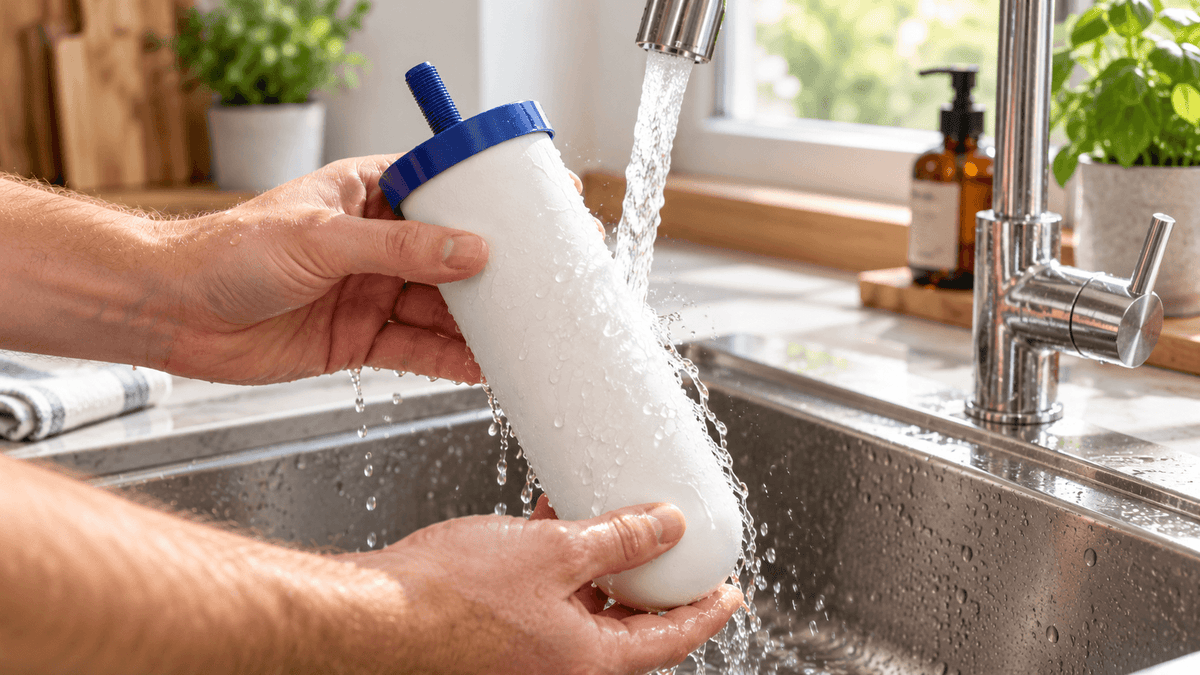 Nettoyage d’un filtre Coldstream FTO+ sous l’eau du robinet avant réutilisation